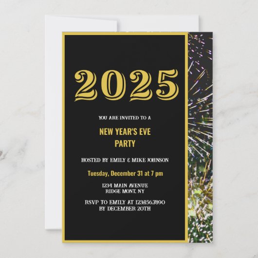 2025 Nieuwjaarsviering Gold Fireworks Invitation Kaart (Voorkant)