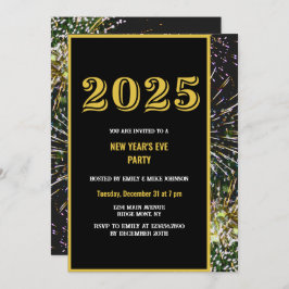 2025 Nieuwjaarsviering Gold Fireworks Invitation Kaart
