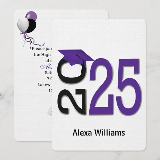 2025 Paarse en zwarte afstudeerfeest Kaart (Voorkant / Achterkant)