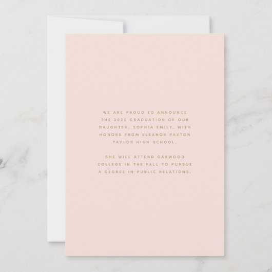 2025 Photo Blush Gold Script Afstudeerder aangekon Kaart (Achterkant)