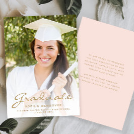 2025 Photo Blush Gold Script Afstudeerder aangekon Kaart