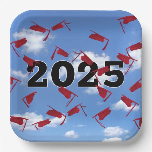 2025 Red Graduation Caps in de lucht Papieren Bordje (Voorkant)