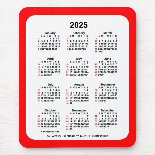 2025 Rood 52 weken ISO Agenda van Janz Two Tone Muismat (Voorkant)