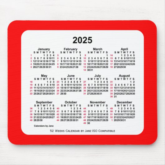 2025 Rood 52 weken ISO Agenda van Janz Two Tone Muismat (Voorkant)
