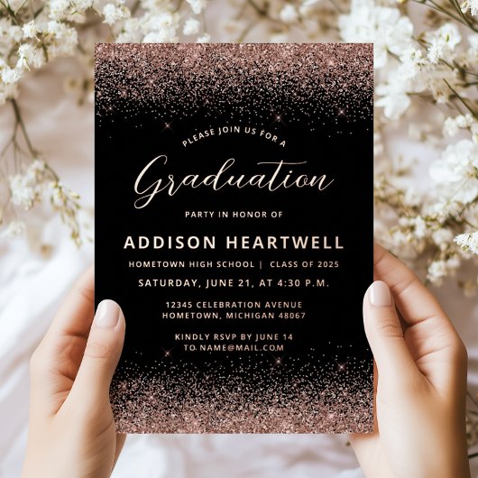 2025 Roos Gold Glitter Black Graduation Party Folie Uitnodiging