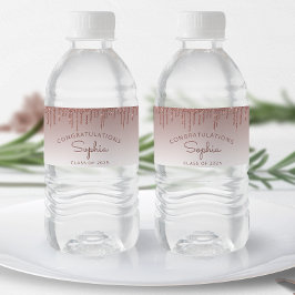2025 Roos Gold Glitter Drip Graduation Party Waterfles Etiket