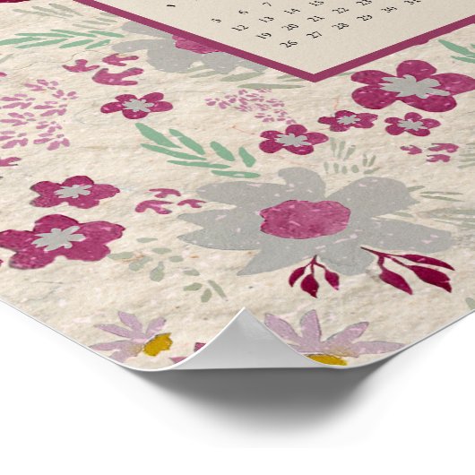2025 Roze Grijs Bloempatroon Kalender Poster (Hoek)