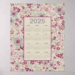 2025 Roze Grijs Bloempatroon Kalender Poster
