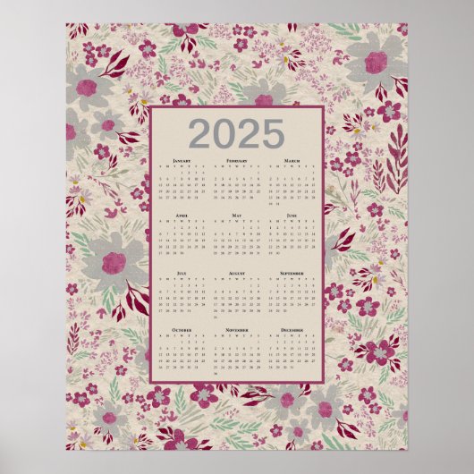2025 Roze Grijs Bloempatroon Kalender Poster (Voorkant)