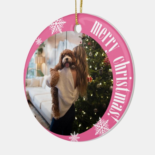 2025 Roze Retro Vrolijke Kerstglitter Foto Keramisch Ornament (Links)