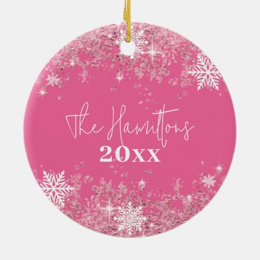 2025 Roze Retro Vrolijke Kerstglitter Foto Keramisch Ornament (Achterkant)