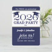 2025 Twin Afstuderen Blue Pinstripe Foto Afstudere Kaart (Staand voorkant)