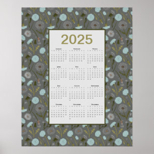 2025 Voljaar Kalender Grijs Blauw Paardenbloem Poster