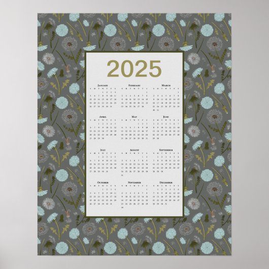 2025 Voljaar Kalender Grijs Blauw Paardenbloem Poster (Voorkant)