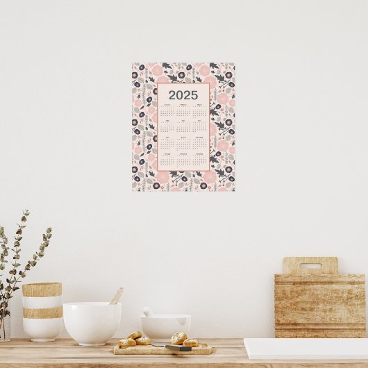 2025 Voljaar Kalender Roze Grijs Botanisch Poster (Keuken)
