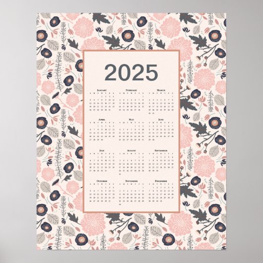 2025 Voljaar Kalender Roze Grijs Botanisch Poster (Voorkant)