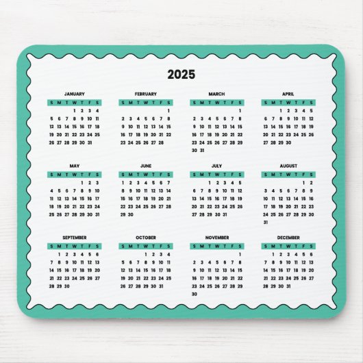 2025 Volledige jaarkalender Wavy Emerald Green Muismat (Voorkant)