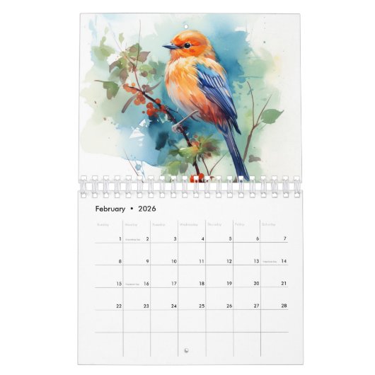2025 waterverf vogelfruitboom maandmuur kalender (Feb 2026)
