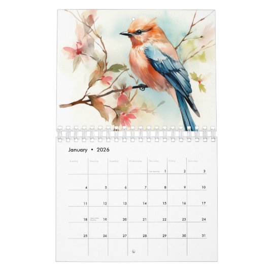 2025 waterverf vogelfruitboom maandmuur kalender (Jan 2026)