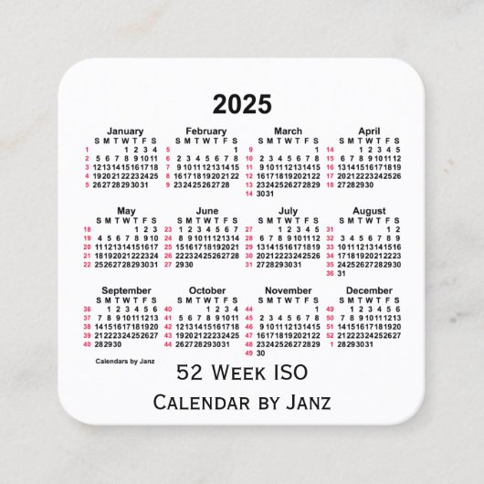2025 White 52 Week ISO Calendar door Janz Vierkante Visitekaartje (Voorkant)
