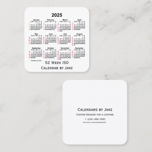 2025 White 52 Week ISO Calendar door Janz Vierkante Visitekaartje (Voorkant / Achterkant)