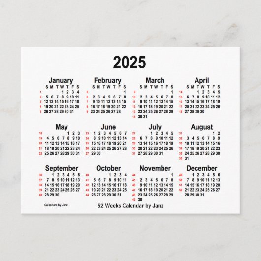 2025 White 52 Weeks Agenda van Janz Briefkaart (Voorkant)