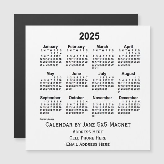 2025 White Business Calendar van Janz 5x5 Magnet (Voorkant / Achterkant)