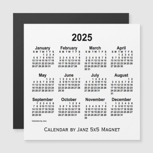 2025 White Calendar van Janz 5x5 Magnet (Voorkant / Achterkant)