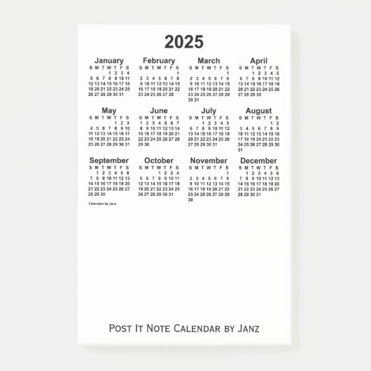 2025 White Calendar van Janz Post-it Notes (Voorkant)
