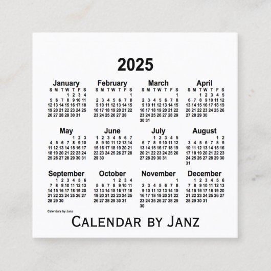 2025 White Calendar van Janz Square Visitekaartje (Voorkant)