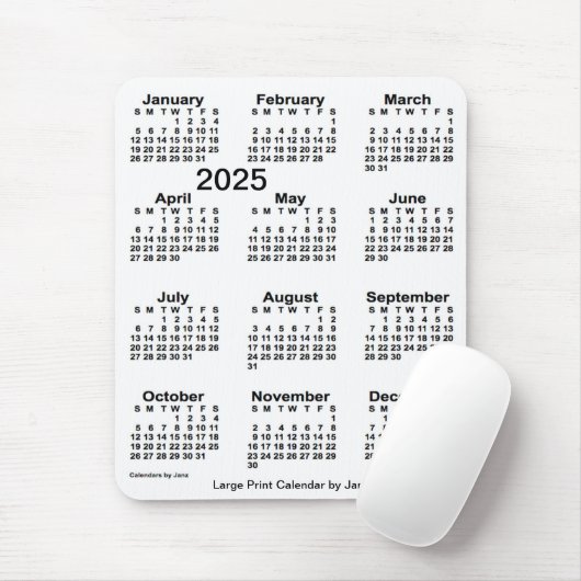 2025 White Large Print Calendar van Janz Muismat (Met muis)