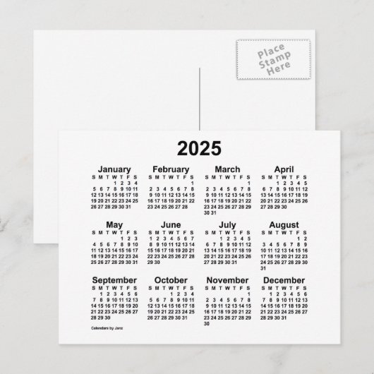 2025 White Mini Calendar van Janz Briefkaart (Voorkant / Achterkant)