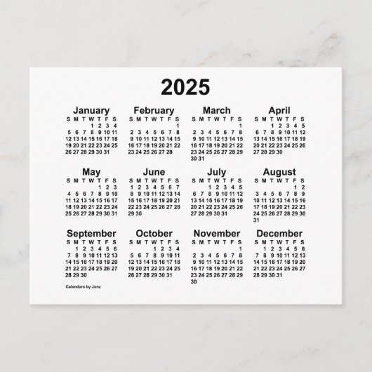 2025 White Mini Calendar van Janz Briefkaart (Voorkant)