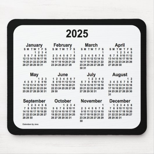 2025 White on Black Calendar van Janz Two Tone Muismat (Voorkant)