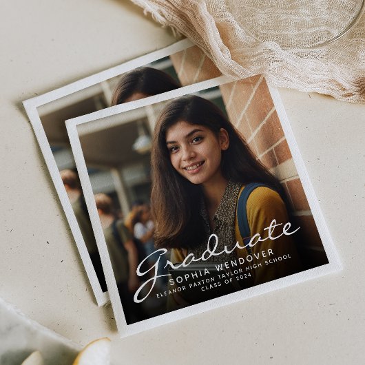 2025 White Script Foto Afstudeerfeest Servet