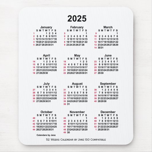 2025 Witte 52 weken ISO-kalender door Janz Muismat (Voorkant)
