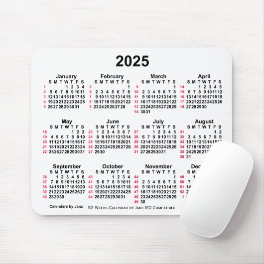 2025 Witte 52 weken ISO-kalender door Janz-Muismat Muismat (Met muis)