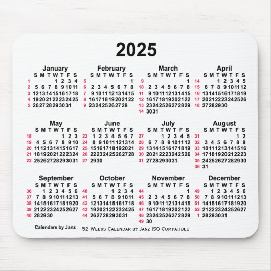 2025 Witte 52 weken ISO-kalender door Janz-Muismat Muismat (Voorkant)