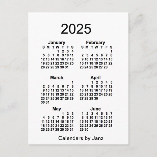 2025 Witte 6 maanden Mini Agenda van Janz Briefkaart (Voorkant)
