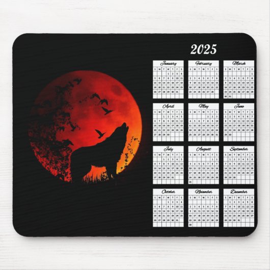 2025 Wolf Silhouet en Bloed Maan Kalender Muismat (Voorkant)