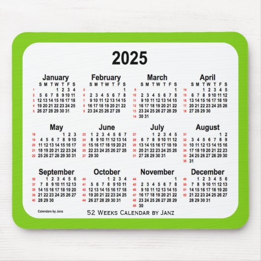 2025 Yellow Green 52-weekagenda van Janz Muismat (Voorkant)