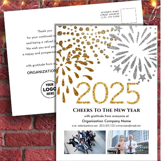 2025 Zakelijke fotofeest Vuurwerk Goud Glitters Feestdagenkaart