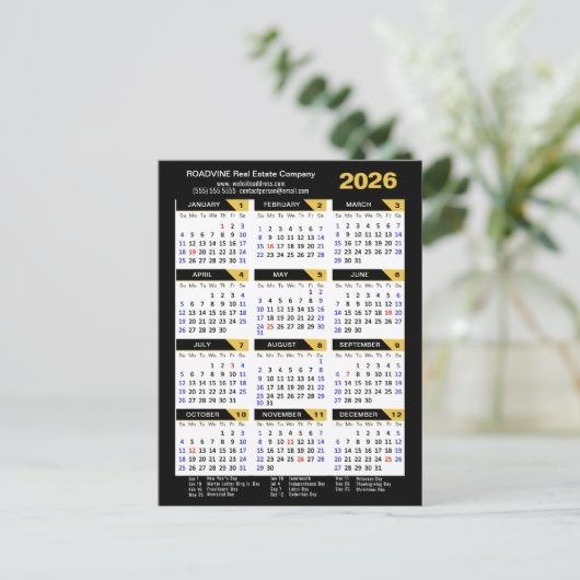 2025 Zakelijke kalender met US Feestdagen Gold Bla (Staand voorkant)