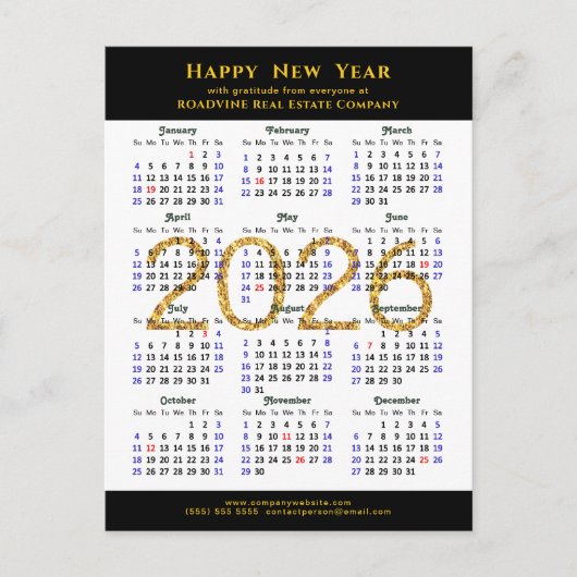 2025 Zakelijke Kalender Modern Zwart Goud Glitter Feestdagenkaart (Voorkant)