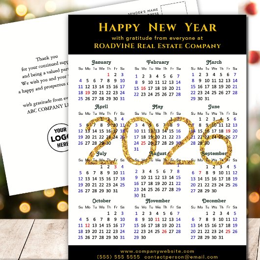 2025 Zakelijke Kalender Modern Zwart Goud Glitter Feestdagenkaart