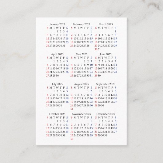 2025 Zondag Start Mini-kalender Alles Wit Visitekaartje (Voorkant)