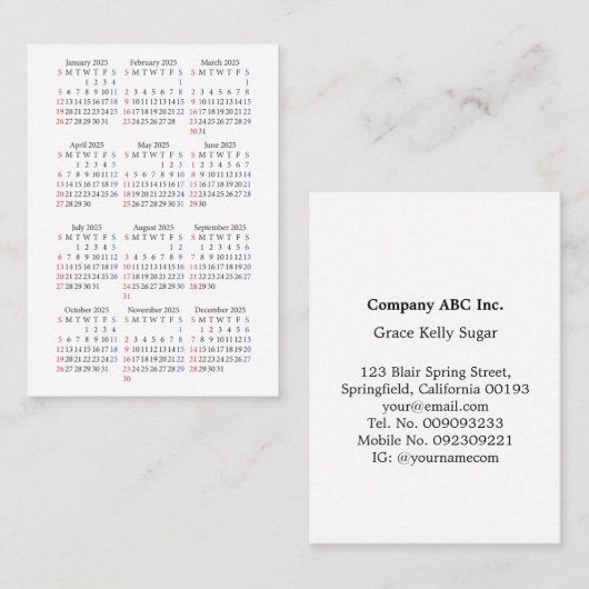 2025 Zondag Start Mini-kalender Alles Wit Visitekaartje (Voorkant / Achterkant)