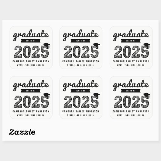 2025 Zwart Bold Sketch Afstuderen Modern Afstudere Vierkante Sticker (Vel)