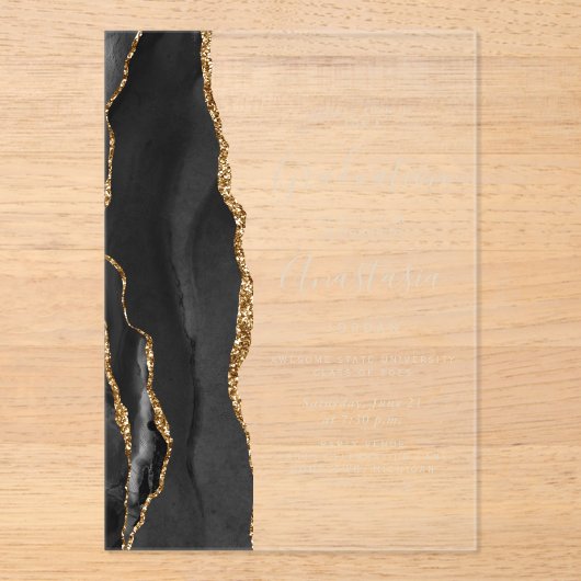 2025 Zwart Goud Agaat Goud Tekst Afstuderen Acryl Uitnodigingen (Voorkant)
