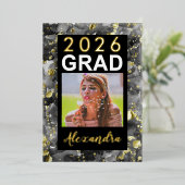 2025 Zwart Goud Waterverf Art Photo Afstuderen Folie Uitnodiging (Staand Voorkant)